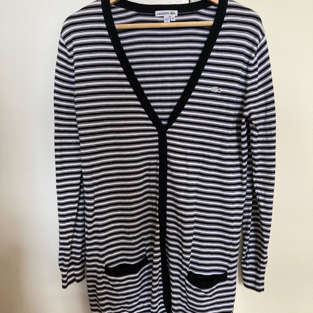 Lacoste Black and White Striped Cardigan Sweater